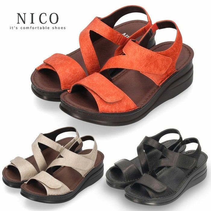 サンダル レディース 厚底 ウエッジソール ストラップ コンフォート NICO ニコ 41711 黒 ブラック ライトグレー　オレンジ カジュアル 本革 日本製