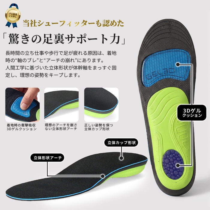 インソール 中敷き 衝撃吸収 アーチサポート 3Dゲル クッションインソール 疲労軽減 疲れにくい 抗菌 防臭 立ち仕事 ウォーキング メンズ レディース パレード 998141 998142 