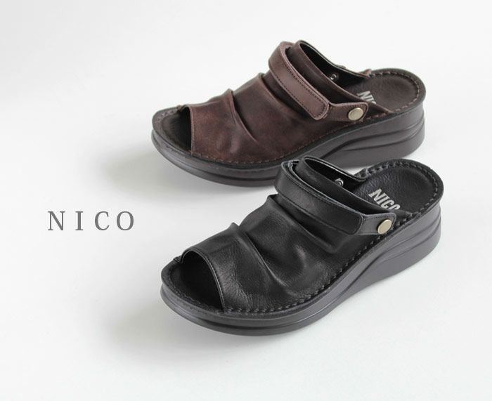 厚底サンダル レディース かかとあり ミュール 靴 NICO ニコ 4039 コンフォートシューズ バックベルト オープントゥ 黒 白 本革 日本製