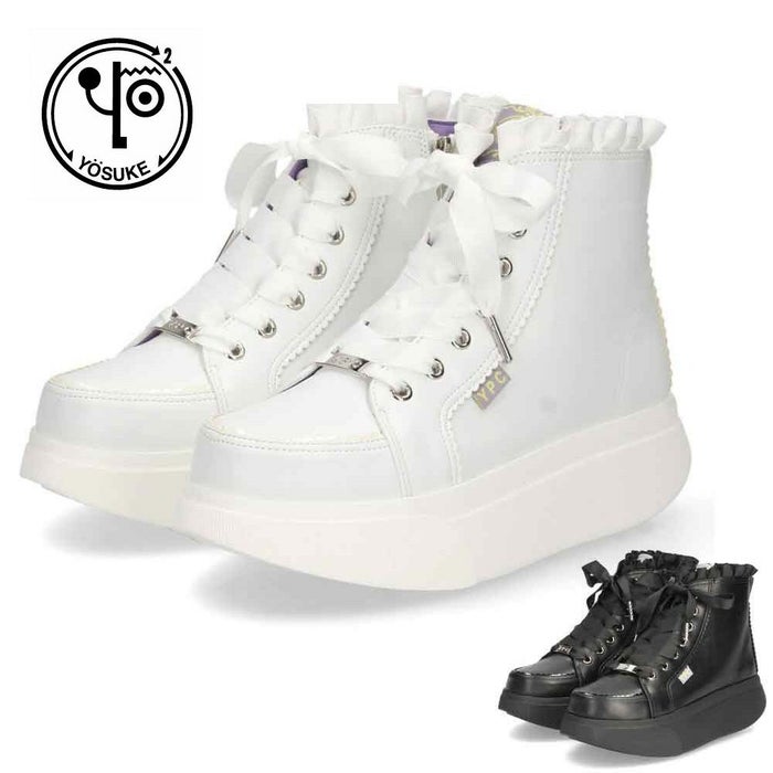 ヨースケ YOSUKE レディース 厚底スニーカー 3E 幅広 4450062 ホワイト ブラック 靴 5cm レースアップ フリル サテンリボン サイドジップ