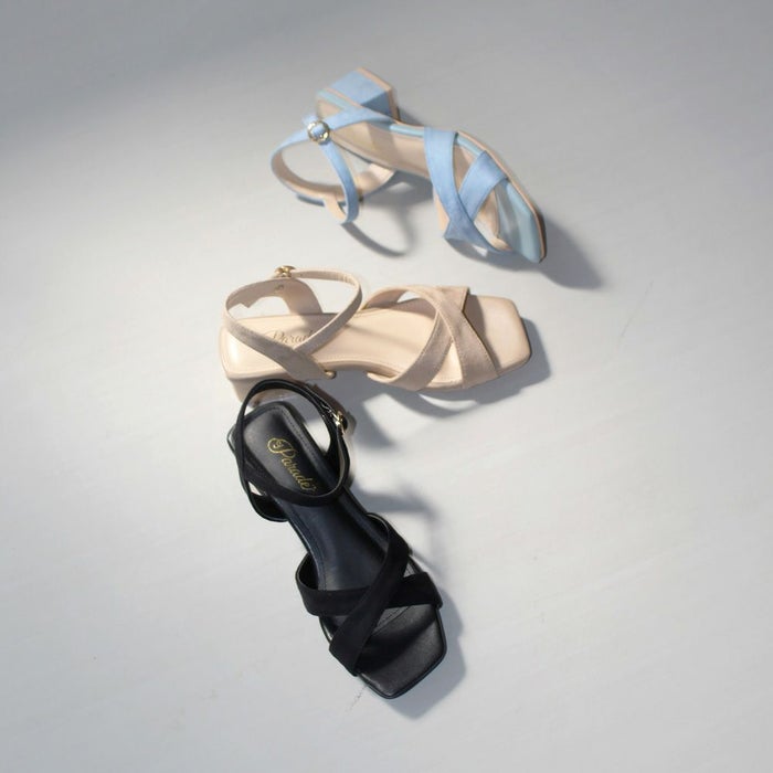 サンダル レディース ヒール 3.5cm アンクルストラップ ブラック 黒 ベージュ ブルー クロス ストラップ ローヒール シンプル 靴 おしゃれ Parade 2002WK