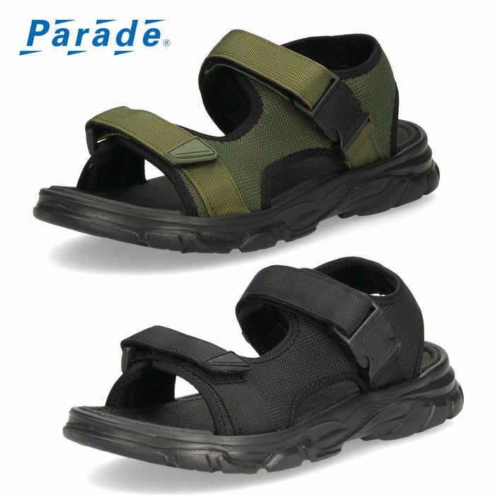 メンズ サンダル カジュアル 黒 かかと付き スポーツサンダル 軽量 歩きやすい 面ファスナー 調節可能 ブラック カーキ パレード 52101 Parade