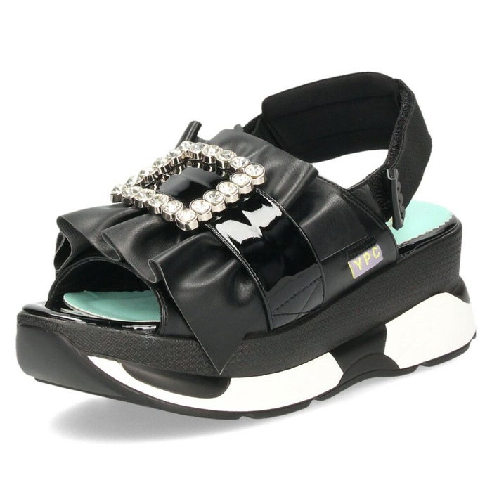 ヨースケ 厚底サンダル レディース ブラック ホワイト 黒 白 ビジュー フリル バックストラップ YOSUKE 4450033