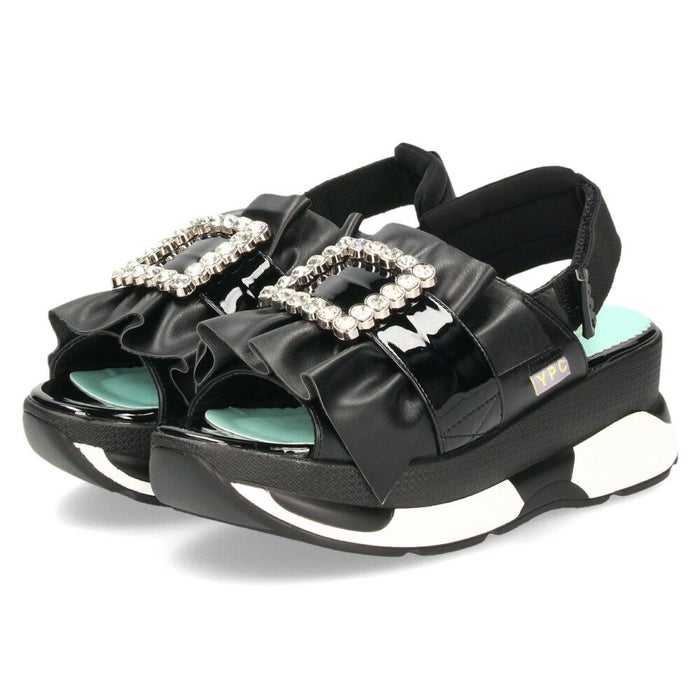 ヨースケ 厚底サンダル レディース ブラック ホワイト 黒 白 ビジュー フリル バックストラップ YOSUKE 4450033