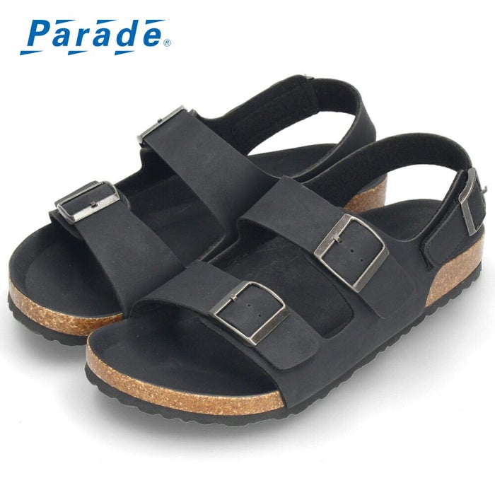 メンズ サンダル カジュアル フットベッド 2本ベルト ぺたんこ 歩きやすい コンフォートサンダル ベルクロ ブラック 黒  Parade 2270