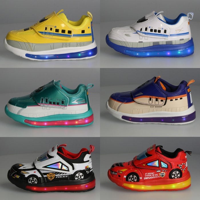 光る靴 プラレール トミカ スニーカー キッズ 新幹線 電車 車 自動車 ドクターイエロー はやぶさ つばさ パトカー 消防車 子供靴 ベルクロ 軽量 フラッシュシューズ PLARAIL 16312 16313 16314 16328 10693 10694