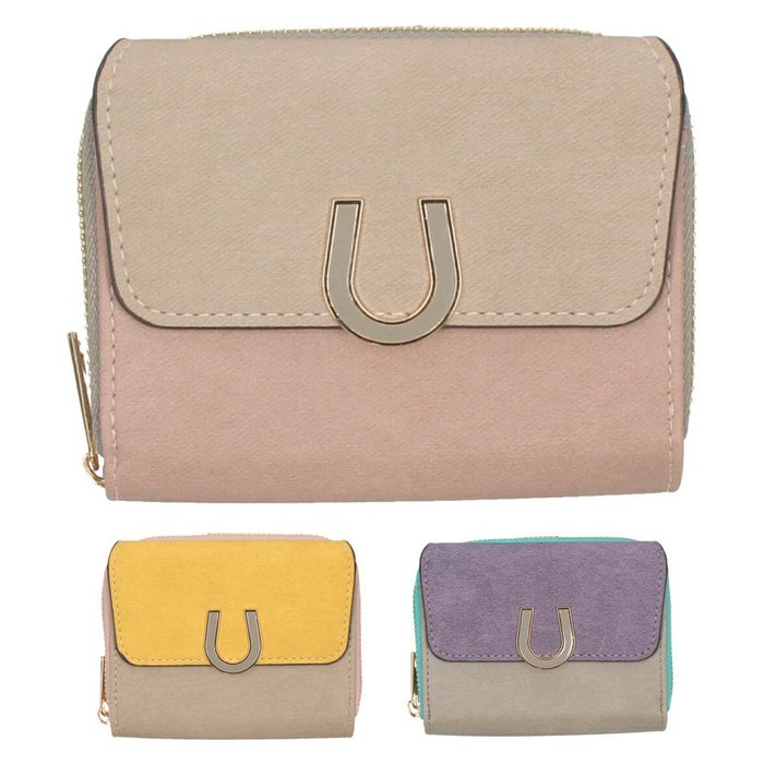 財布 レディース 二つ折り かわいい 大容量 コンパクト 多収納 お札折らない ミニ財布 ウォレット トライカラー ファスナー 馬蹄モチーフ LAMB MODE ラムモード 37891T