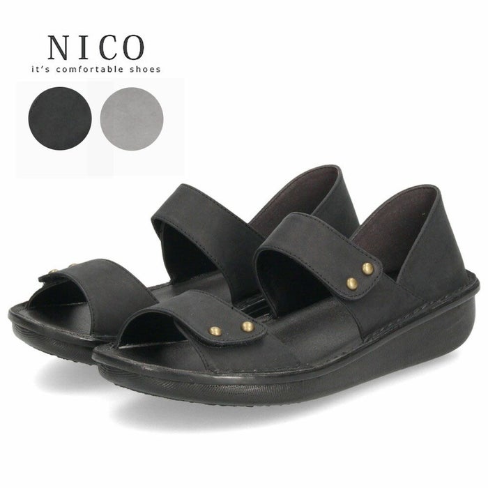 サンダル レディース 疲れない 本革 厚底 コンフォートサンダル 幅広 甲高 軽量 ローヒール 黒 8868 かかとが踏める 2way ミュール オープントゥ レザー ニコ 靴 NICO 日本製