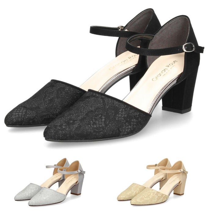 パンプス ストラップ レディース アンクルストラップ ポインテッドトゥ セパレート チャンキーヒール 結婚式　パーティー 卒業式 入学式 グランルー Grande Roue 241009 華やか 上品 大人 オフィス