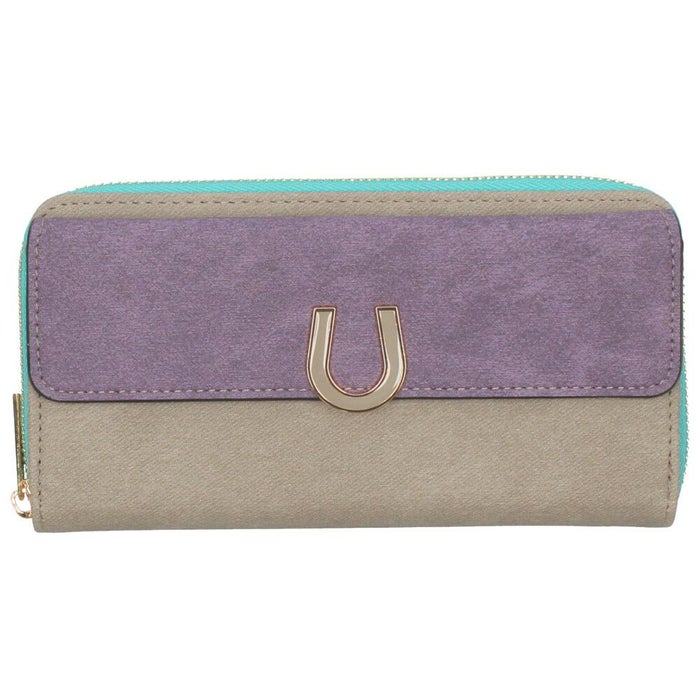 財布 レディース 長財布 多収納 ポケット 小銭入れ ラウンドファスナー 大人 グレー ピンク モカ 馬蹄モチーフ カード収納 高見え 上品 エポメタル デニムライク ラムモード LAMB MODE 37892