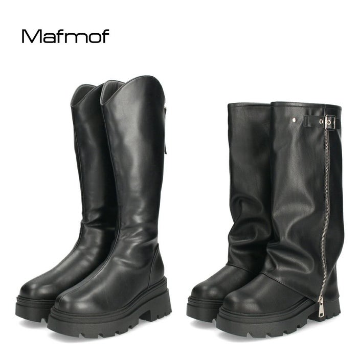 Mafmof マフモフ レディース ロングブーツ 厚底トラックソール ブーツ 靴 ブラック 黒 535WK 537WK 合成皮革 クッションインソール