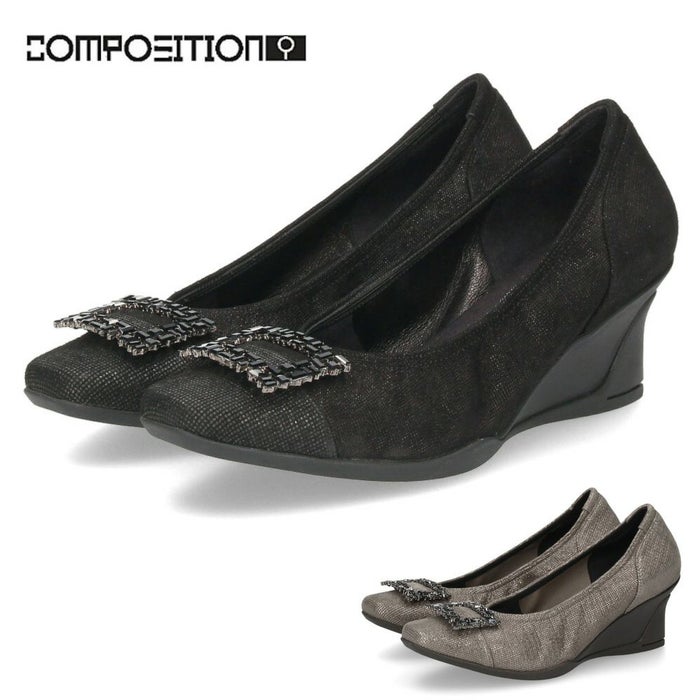 パンプス 黒 レディース おしゃれ ブラック エタン 通勤 靴 スクエアトゥ ウェッジソール コンポジションナイン ビジュー バックル コンフォートパンプス 3092 COMPOSITION9