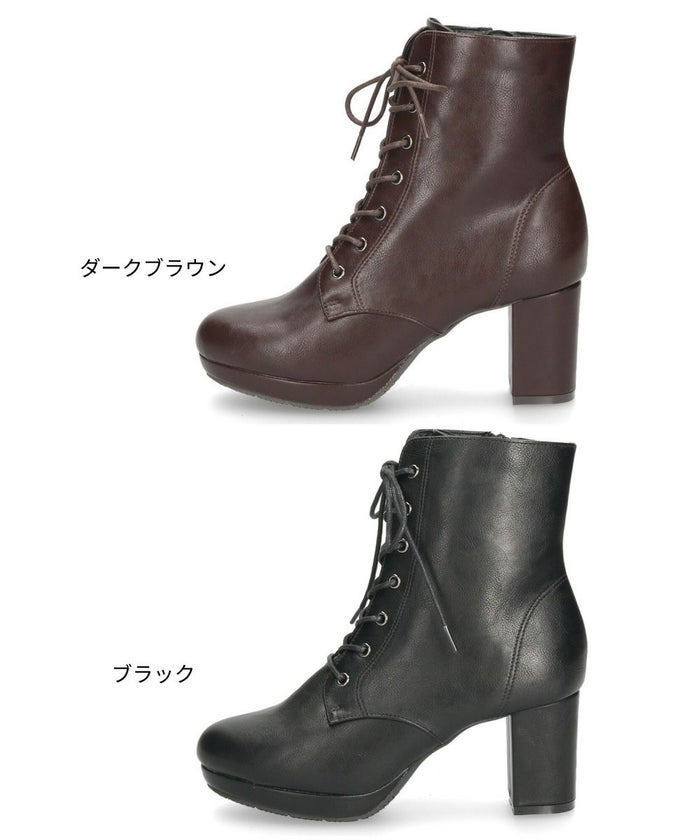 ショートブーツ レディース レースアップ チャンキーヒール サイドジップ ダークブラウン ブラック ZN8001 グランドフルール grandfleur