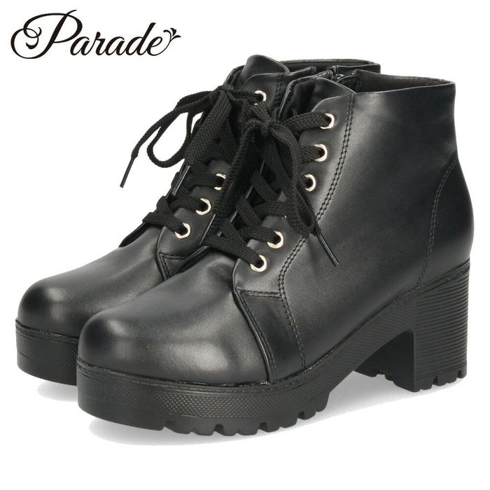 レディース ブーツ 黒 レースアップ 厚底 ファスナー付き ショートブーツ 靴 ブラック 7826 Parade