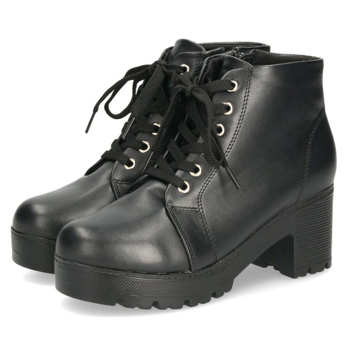 レディース ブーツ 黒 レースアップ 厚底 ファスナー付き ショートブーツ 靴 ブラック 7826 Parade