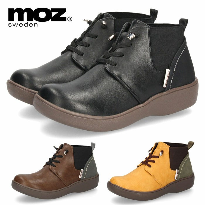 moz モズ レディース ブーツ 黒 歩きやすい レースアップブーツ ショート 軽量 スニーカーソール チャッカ風 サイドゴア 402506 ブラック ダークブラウン マスタード