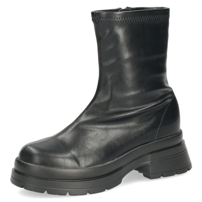 ショートブーツ レディース 厚底 黒 おしゃれ ストレッチブーツ トラックソール ヒール 6cm サイドジップ 合皮 CT-7912 ブラック