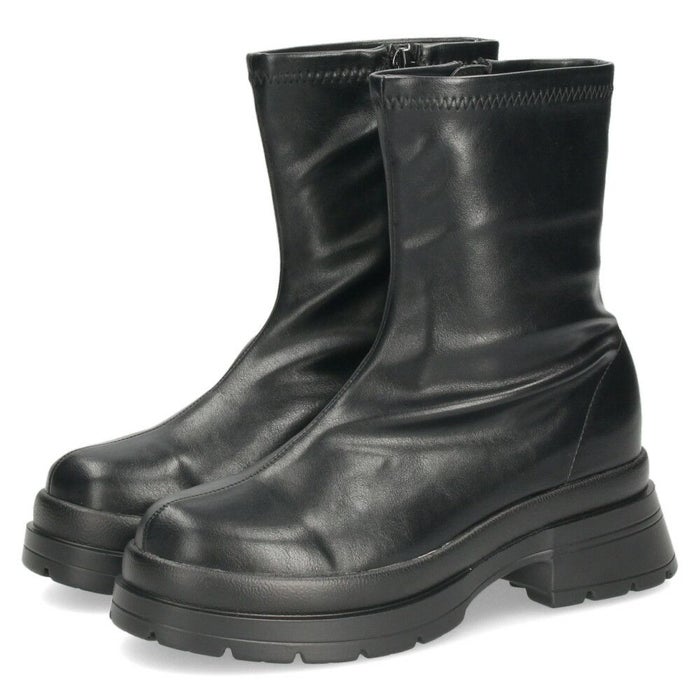 ショートブーツ レディース 厚底 黒 おしゃれ ストレッチブーツ トラックソール ヒール 6cm サイドジップ 合皮 CT-7912 ブラック