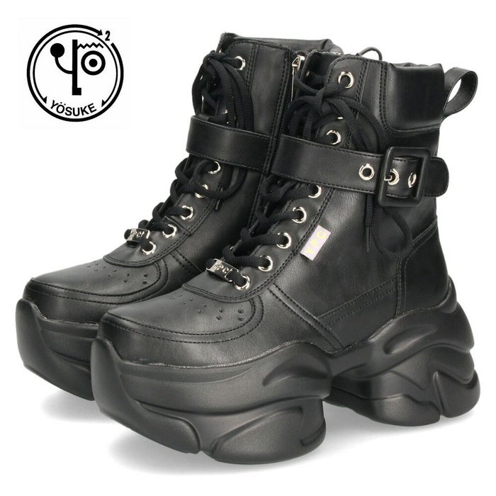 ヨースケ 厚底ハイカットスニーカー レースアップ サイドファスナー 靴 レディース YOSUKE 4450082 幅広 3E ブラック 黒 ブーツ 厚底ブーツ