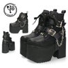 ヨースケ 厚底ブーツ レディース 靴 YOSUKE 4460118 ベルト チェーン サイドファスナー レースアップ 幅広 3E ブラック 黒 ブーツ