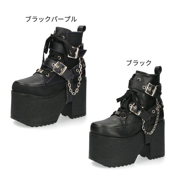 ヨースケ 厚底ブーツ レディース 靴 YOSUKE 4460118 ベルト チェーン サイドファスナー レースアップ 幅広 3E ブラック 黒 ブーツ