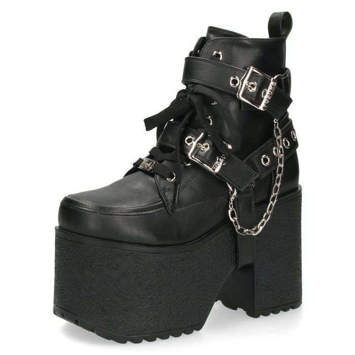 ヨースケ 厚底ブーツ レディース 靴 YOSUKE 4460118 ベルト チェーン サイドファスナー レースアップ 幅広 3E ブラック 黒 ブーツ
