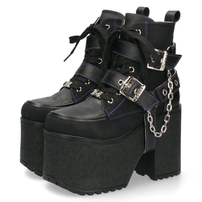 ヨースケ 厚底ブーツ レディース 靴 YOSUKE 4460118 ベルト チェーン サイドファスナー レースアップ 幅広 3E ブラック 黒 ブーツ