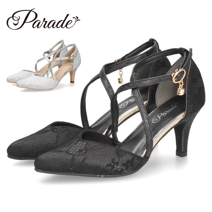 パンプス 結婚式 オケージョン ストラップ ハイヒール 7cmヒール レース ラメ ポインテッドトゥ お呼ばれ 二次会 パーティ 61118 Parade