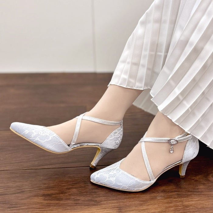 パンプス 結婚式 オケージョン ストラップ ハイヒール 7cmヒール レース ラメ ポインテッドトゥ お呼ばれ 二次会 パーティ 61118 Parade