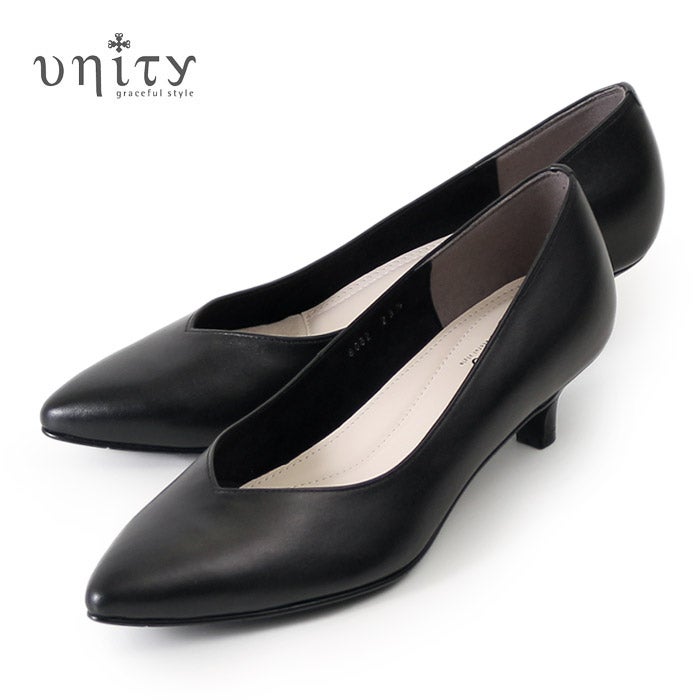 unity ユニティ パンプス ローヒール 黒パンプス 8082 B ブラック 本革 フォーマル レザー ポインテッドトゥ Vカット ワイズ 2E 冠婚葬祭 ベーシック 