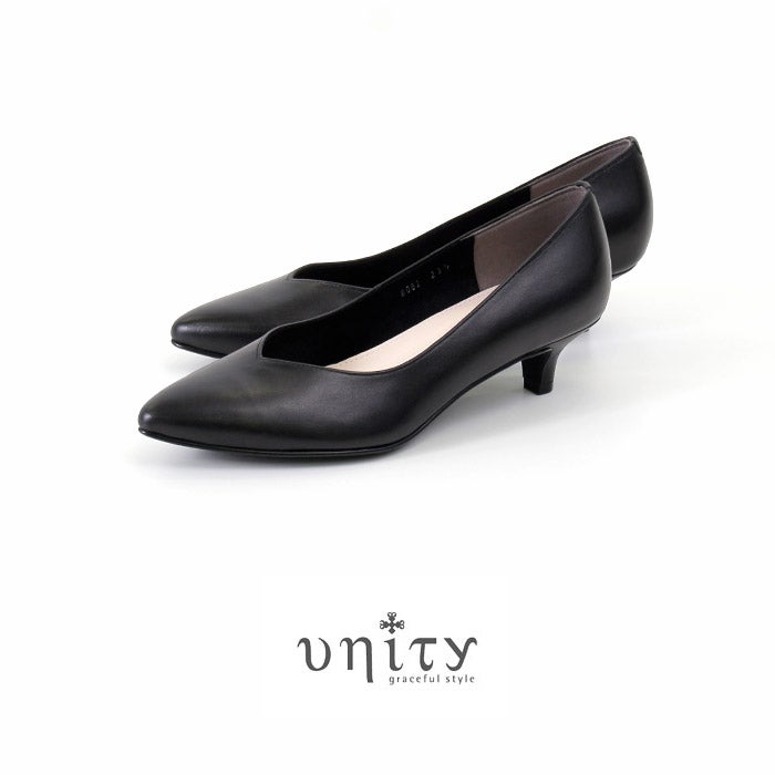unity ユニティ パンプス ローヒール 黒パンプス 8082 B ブラック 本革 フォーマル レザー ポインテッドトゥ Vカット ワイズ 2E 冠婚葬祭 ベーシック 