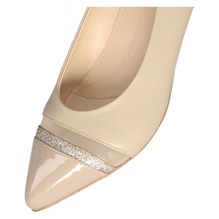 unity ユニティ パンプス ローヒール ポインテッドトゥ 8417 レディース 靴 ワイズ 2E コンビ ラメ エナメル チュール ブラック ベージュ フォーマル 軽量