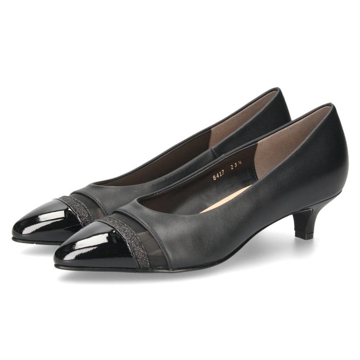 unity ユニティ パンプス ローヒール ポインテッドトゥ 8417 レディース 靴 ワイズ 2E コンビ ラメ エナメル チュール ブラック ベージュ フォーマル 軽量