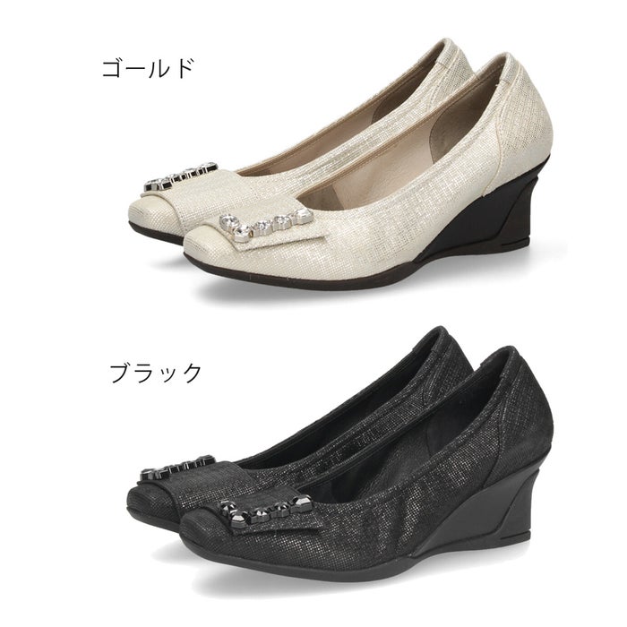 パンプス レディース 黒 靴 本革 通勤 ウェッジソール スクエアトゥ コンポジションナイン ビジュー モチーフ コンフォートパンプス COMPOSITION9 3126