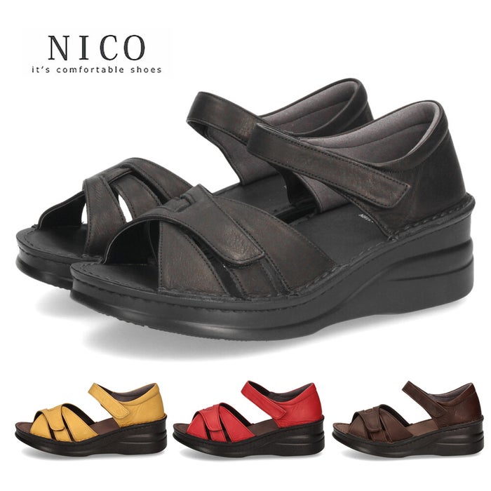 サンダル レディース 本革 カジュアル クッション性 黒 レザー 面テープ NICO 42091 日本製 歩きやすい 幅広対応