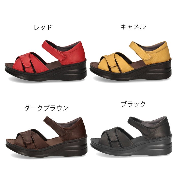 サンダル レディース 本革 カジュアル クッション性 黒 レザー 面テープ NICO 42091 日本製 歩きやすい 幅広対応