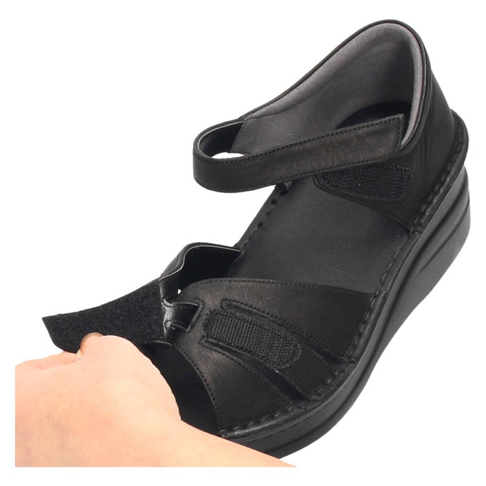 サンダル レディース 本革 カジュアル クッション性 黒 レザー 面テープ NICO 42091 日本製 歩きやすい 幅広対応