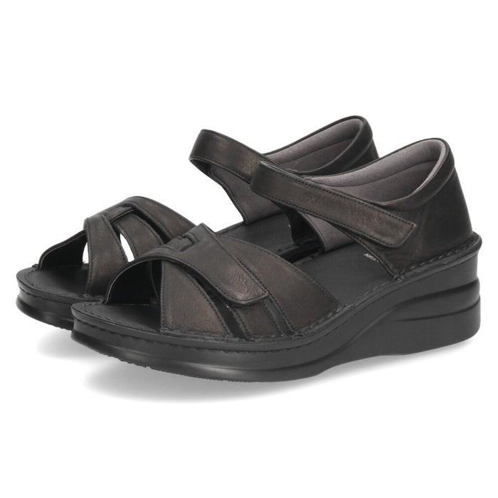 サンダル レディース 本革 カジュアル クッション性 黒 レザー 面テープ NICO 42091 日本製 歩きやすい 幅広対応