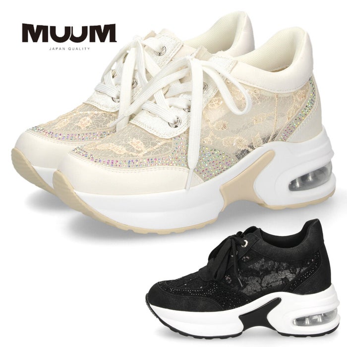 スニーカー レディース エアーソール チュールレース 透け感 カジュアルシューズ 美脚効果 厚底 軽量 ラインストーン 靴 ムーム WX8400 MUUM