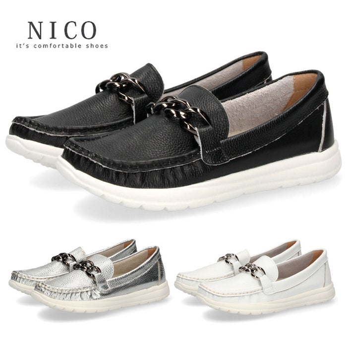 NICO ニコ カジュアルシューズ ローファー レディース 42091 靴 本革 軽量 EEEE 日本製 屈曲性 柔らかい 歩きやすい 黒 ブラック 白 ホワイト 銀 シルバー