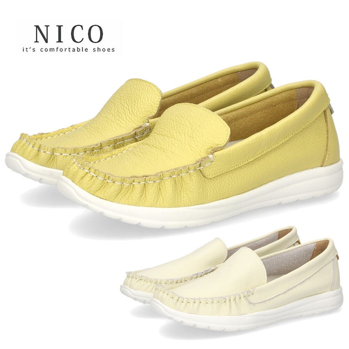 スリッポン レディース スニーカー 靴 シューズ 本革 レザー ４E 幅広 カジュアル NICO 2501 日本製 ホワイト イエロー