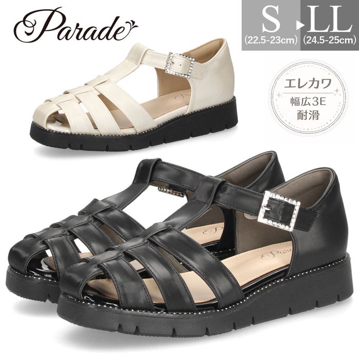 サンダル レディース ラインストーン付きグルカサンダル 幅広 3E 耐滑 歩きやすい 厚底 エレカワ 黒 ブラック アイボリー Parade パレード 7651