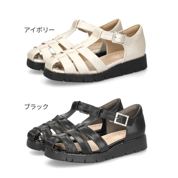 サンダル レディース ラインストーン付きグルカサンダル 幅広 3E 耐滑 歩きやすい 厚底 エレカワ 黒 ブラック アイボリー Parade パレード 7651