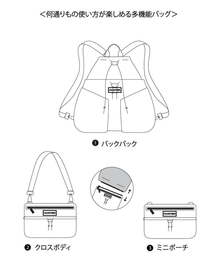 ハンター リュック ショルダーバック 軽量 撥水 ３WEY ポーチ  トラベル マルチファンクション パッカブル バックパック HUNTER 7125