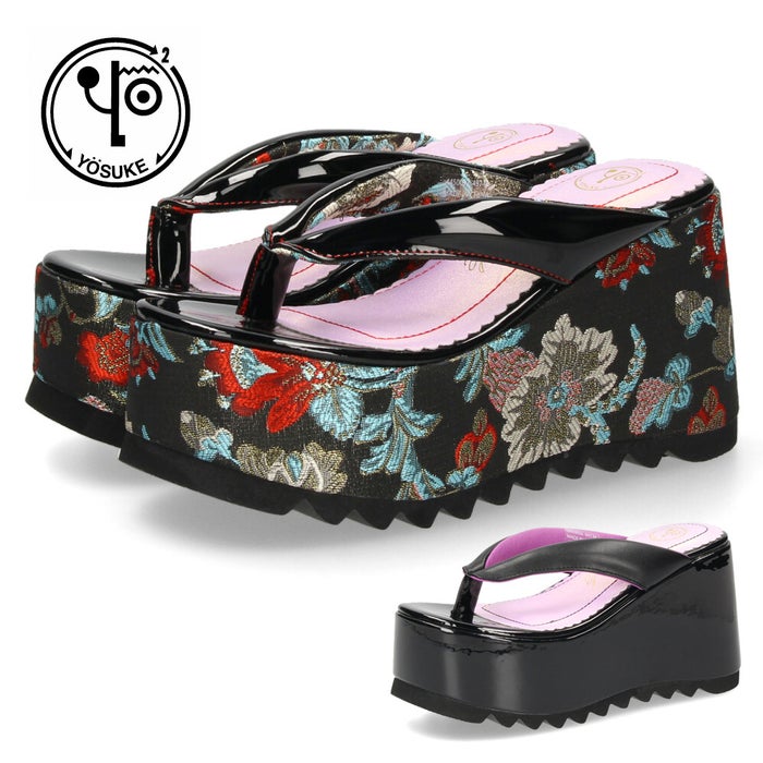 ヨースケ 厚底サンダル レディース 下駄風 トングサンダル 幅広 ボタニカル 刺繍 和柄 浴衣 9.5cmヒール 歩きやすい スタイルアップ ブラック 黒 シャークソール YOSUKE 4450092