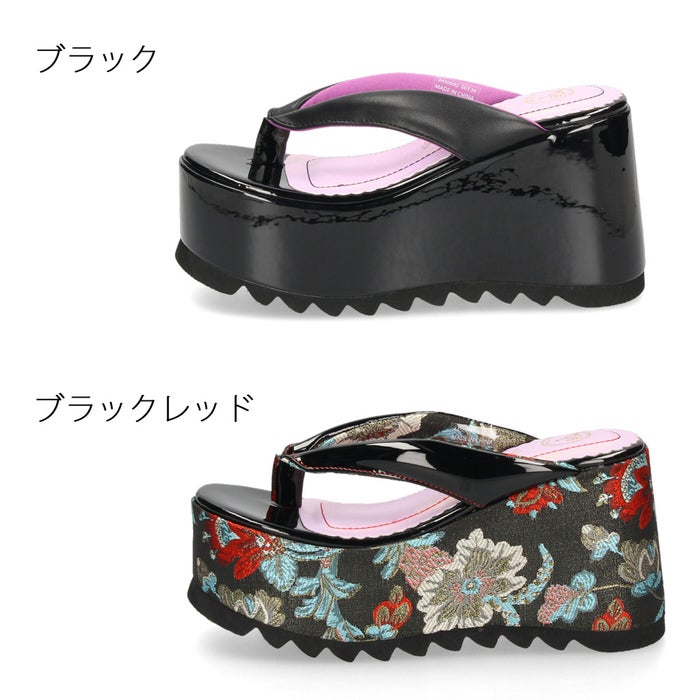 ヨースケ 厚底サンダル レディース 下駄風 トングサンダル 幅広 ボタニカル 刺繍 和柄 浴衣 9.5cmヒール 歩きやすい スタイルアップ ブラック 黒 シャークソール YOSUKE 4450092