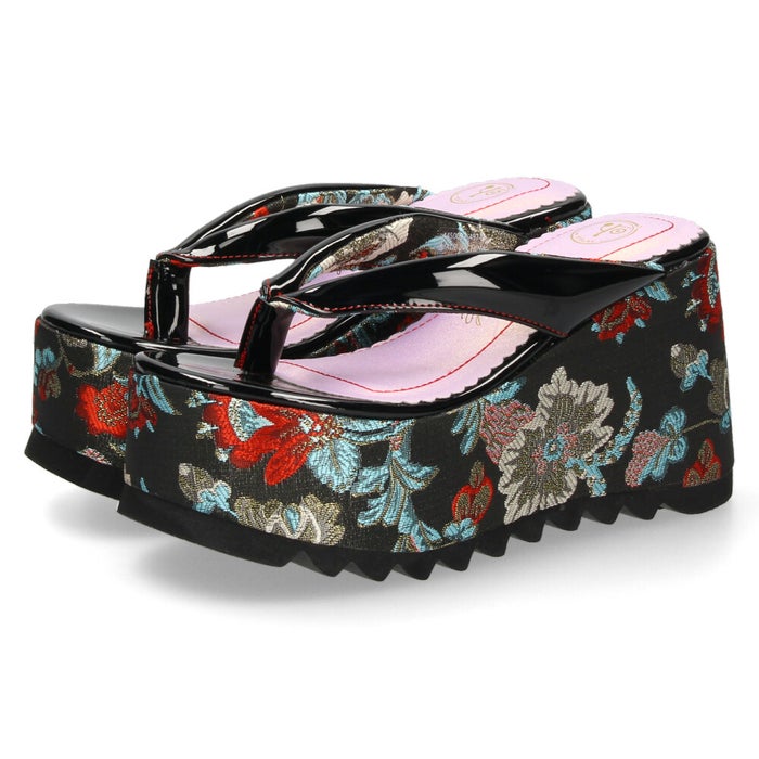 ヨースケ 厚底サンダル レディース 下駄風 トングサンダル 幅広 ボタニカル 刺繍 和柄 浴衣 9.5cmヒール 歩きやすい スタイルアップ ブラック 黒 シャークソール YOSUKE 4450092