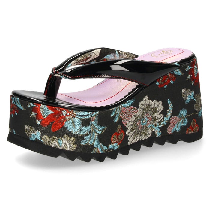 ヨースケ 厚底サンダル レディース 下駄風 トングサンダル 幅広 ボタニカル 刺繍 和柄 浴衣 9.5cmヒール 歩きやすい スタイルアップ ブラック 黒 シャークソール YOSUKE 4450092