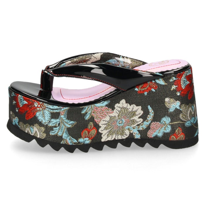 ヨースケ 厚底サンダル レディース 下駄風 トングサンダル 幅広 ボタニカル 刺繍 和柄 浴衣 9.5cmヒール 歩きやすい スタイルアップ ブラック 黒 シャークソール YOSUKE 4450092