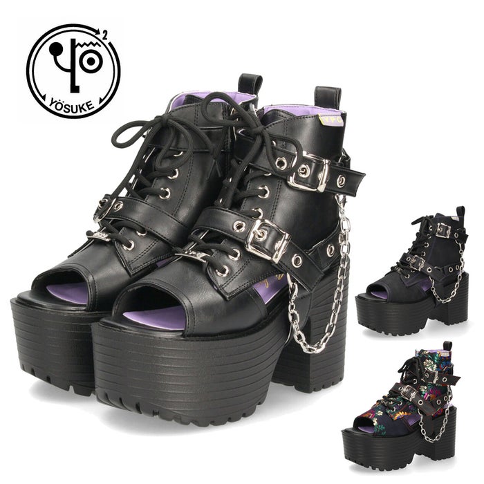 サンダル レディース 厚底 ブーツサンダル 幅広 ３E 黒 ヨースケ 靴 YOSUKE 4450035 ブラック タンクソール チャンキーヒール チェーンベルト レースアップ 2WAY　